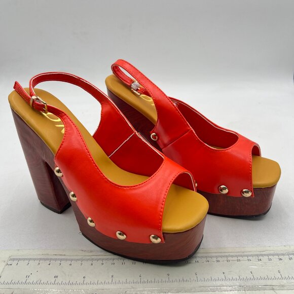 YDN Red Rivet Studded Platform Block High Heeled Sandals Slingback Buckle Shoes - Picture 4 of 8